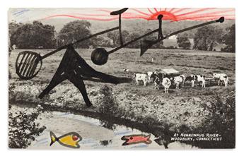 CALDER, ALEXANDER. Photograph postcard with ink and colored pencil drawings, and on verso, an Autograph Note Signed, Sandy to cinemat